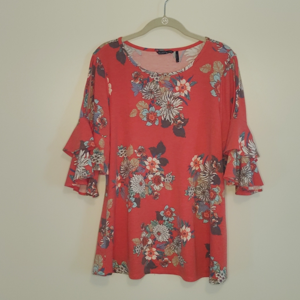 Elliot & Vine red floral cold shoulder & ruffles short sleeve top